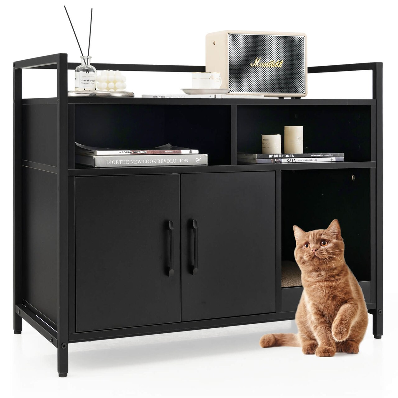 Cat Litter Box Cabinet with Storage Shelves Double Door MDF Metal